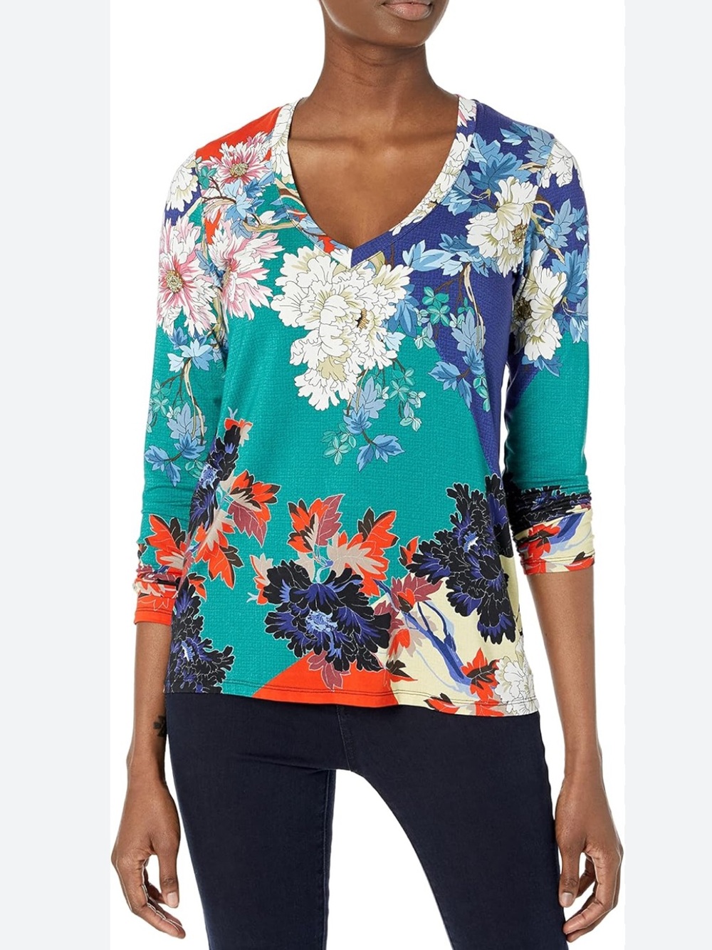 Johnny Was Floral Bamboo Viscose Blend Long Sleeve V Neck Marritt Top Sz. XL